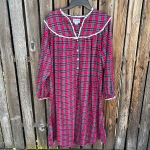 Lanz Of Salzburg L Red Plaid Long Sleeve Flannel Nightgown Large Tartan Eyelet